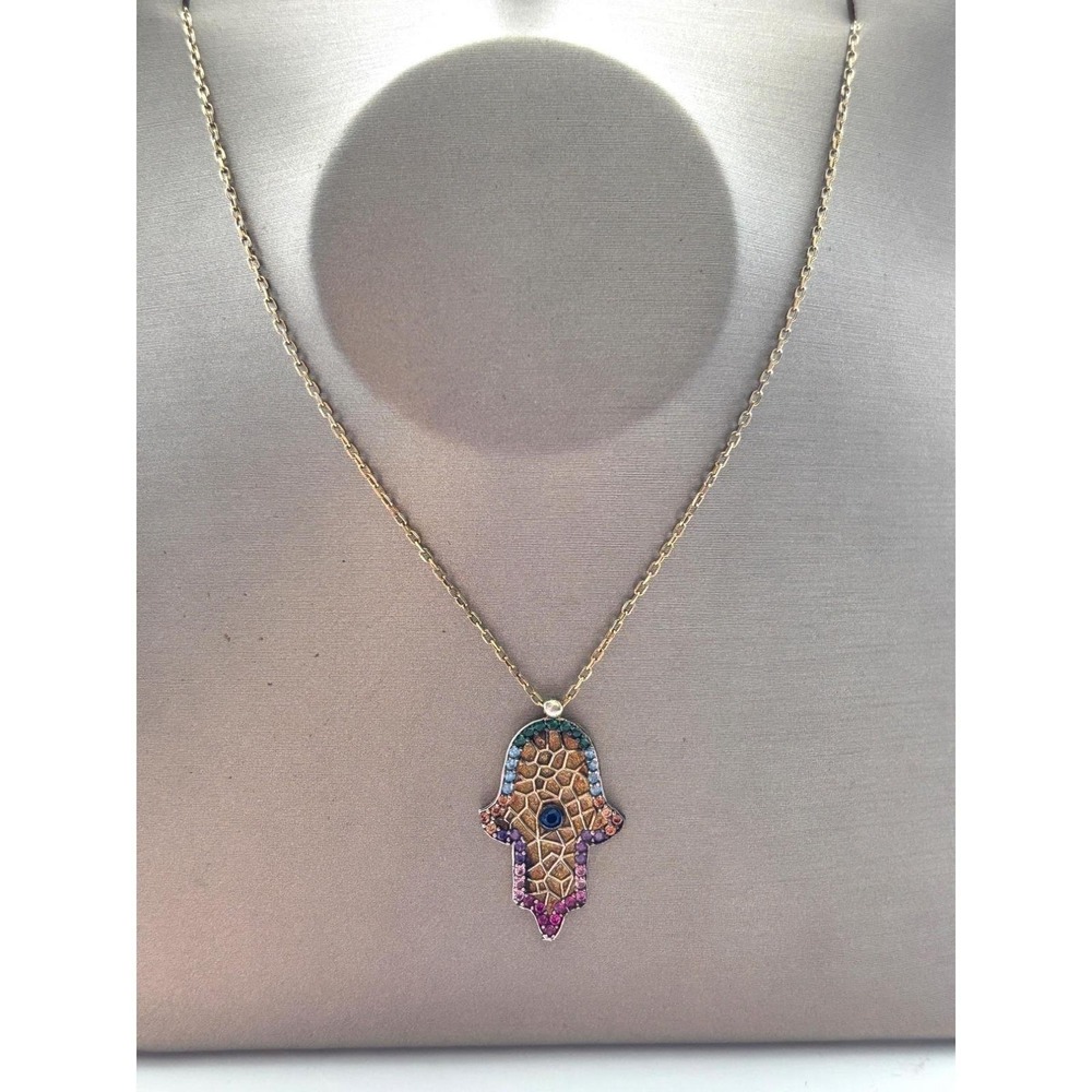Necklace Gold Multi-Color Rhinestone Hamsa Hand Lobster Clasp New with Tags